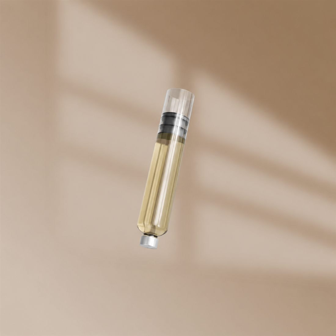 A pre-filled Aevum peptide cartridge in glass, backlit against a warm background.