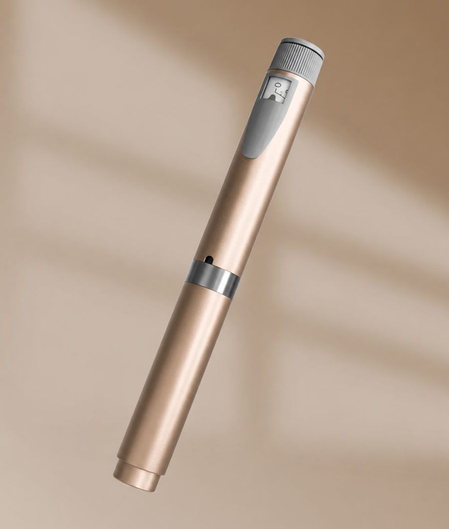 The Aevum injector pen, a reusable click-to-dose pen with a dose window and dial ring.